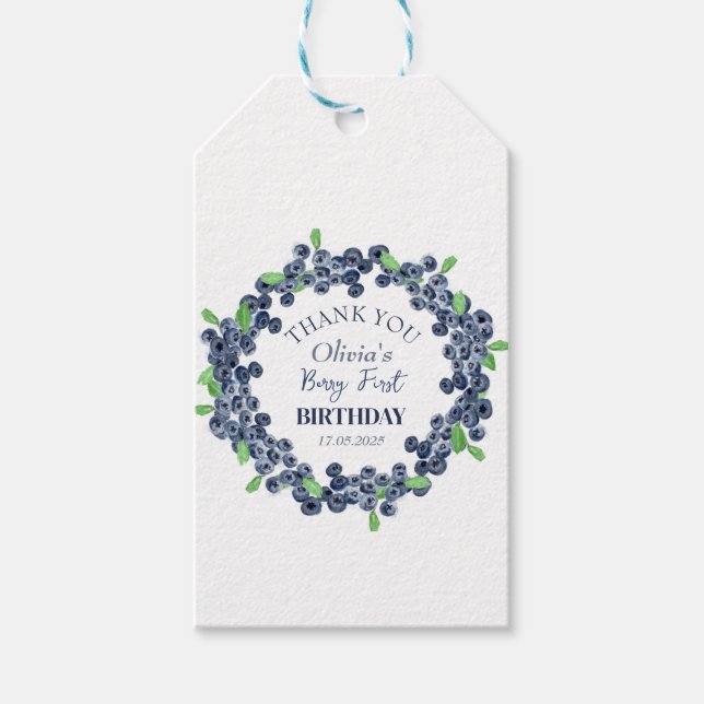 Första Födelsedagsfesten Blåbär Flicka Presentetikett (Framsidan)