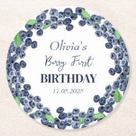 Första Födelsedagsfesten Blåbär Flicka Underlägg Papper Rund