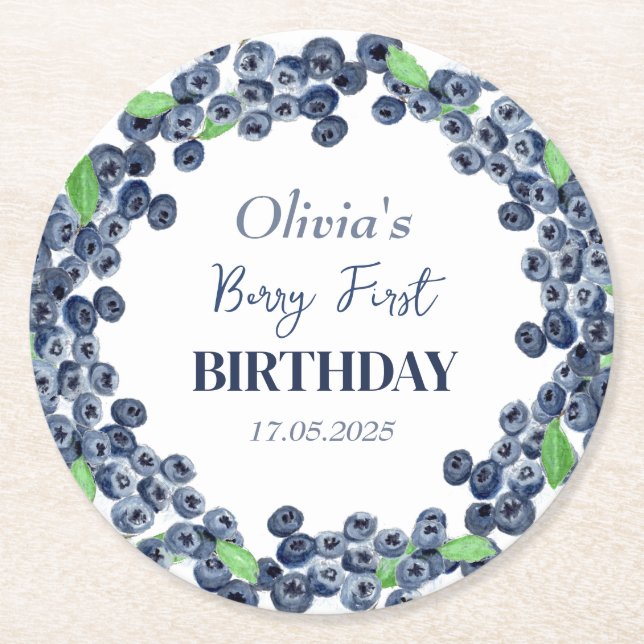 Första Födelsedagsfesten Blåbär Flicka Underlägg Papper Rund (Framsidan)
