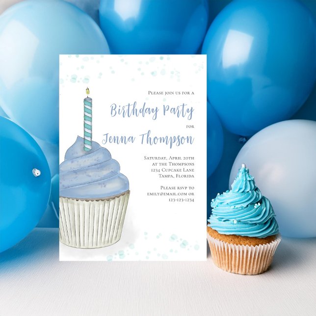 Första Födelsedagsfesten Cute Blue Boy Cupaka Inbjudningar (Cute birthday party invitation with blue watercolor cupcake. )