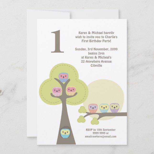 Första födelsedagsfesten Nattugglor Söt inbjudan (Framsida)