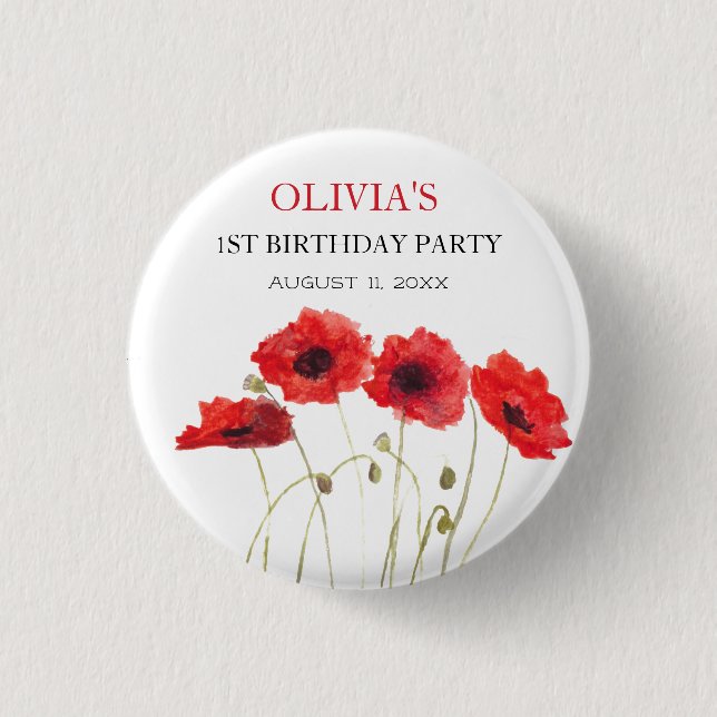 Första Födelsedagsfesten Poppies Flicka Knapp (Framsida)