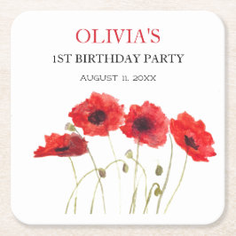 Första Födelsedagsfesten Poppies Flicka Underlägg Papper Kvadrat