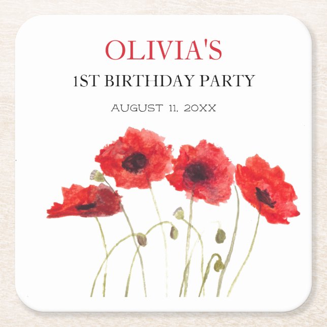 Första Födelsedagsfesten Poppies Flicka Underlägg Papper Kvadrat (Framsidan)