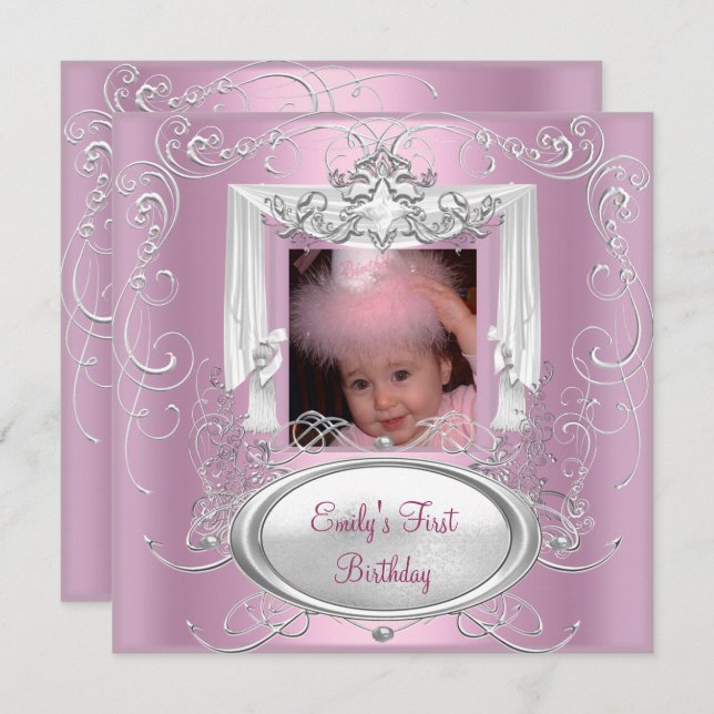 Första Födelsedagsfesten Rosa Silver Star i första Inbjudningar (Fram/baksida)