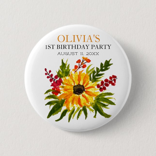 Första Födelsedagsfesten Solrossen Flicka Knapp (Framsida)