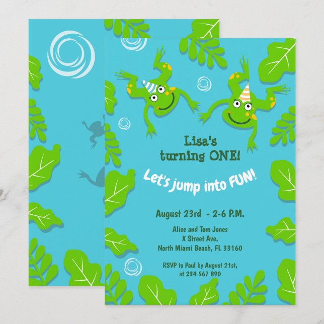 Första födelsedagsgrodfamiljen i en damm party inv inbjudningar (Fram/baksida)