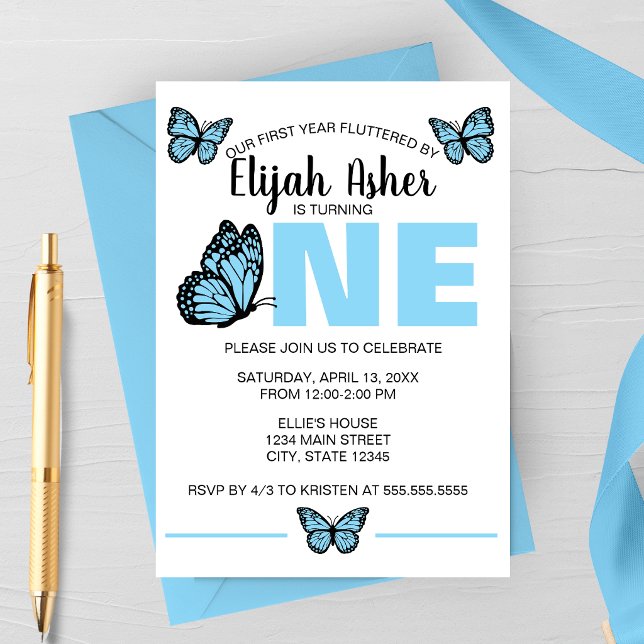 Första födelsedagsinbjudan Blå Fjäril Inbjudningar (Blue Butterfly Spring Birthday Party Invitation | First Birthday Party Invitation)
