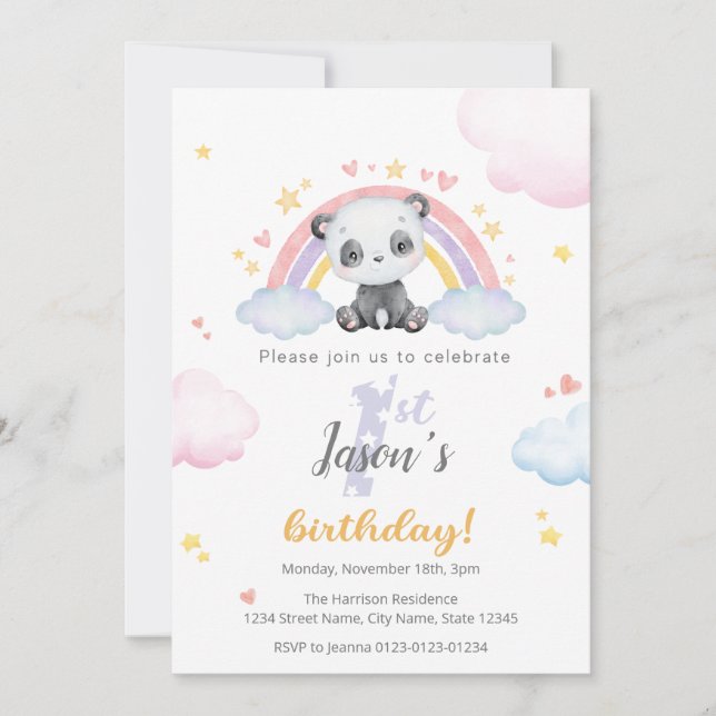 Första födelsedagsinbjudan - Cute Panda w/ Rainbow Inbjudningar (Framsida)