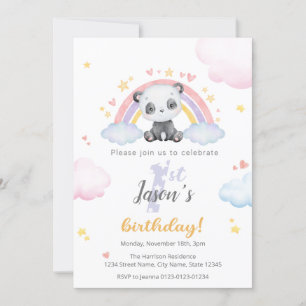 Första födelsedagsinbjudan - Cute Panda w/ Rainbow Inbjudningar