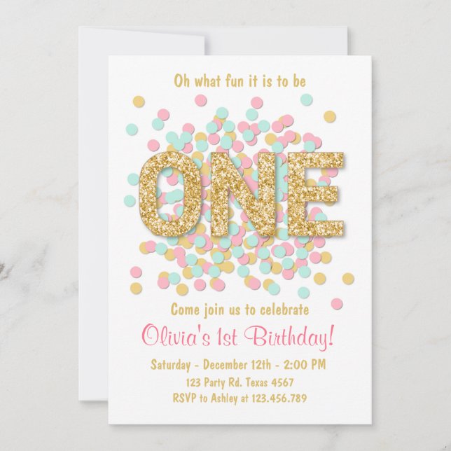 Första födelsedagsinbjudan Flicka Rosa Guld Mint Inbjudningar (Framsida)