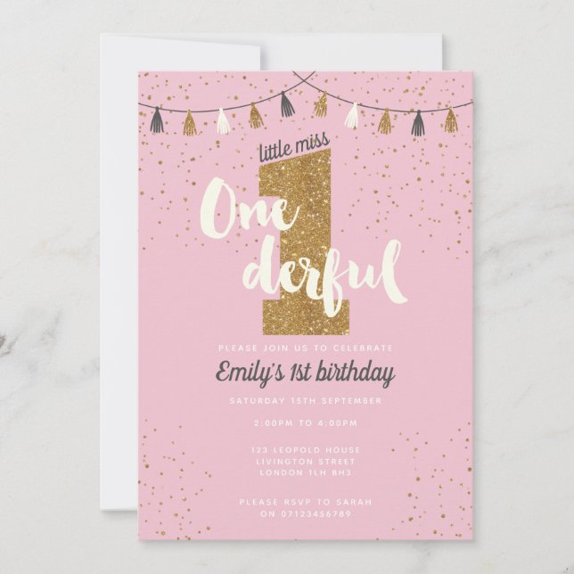 Första födelsedagsinbjudan - flickor glitter party inbjudningar (Framsida)