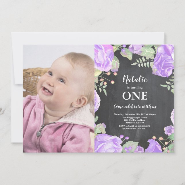 Första födelsedagsinbjudan Lila blommor Inbjudningar (Framsida)