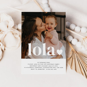 Första födelsedagsinbjudan med namn och hjärtfoto inbjudningar