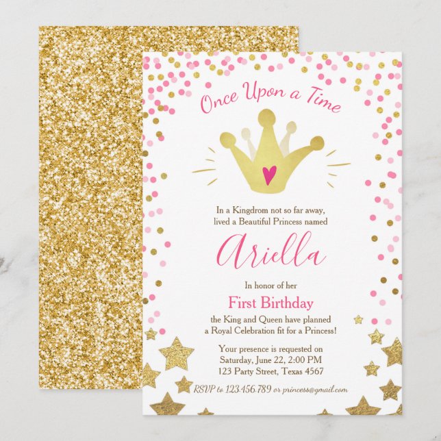 Första födelsedagsinbjudan till Princess Guld Rosa Inbjudningar (Fram/baksida)