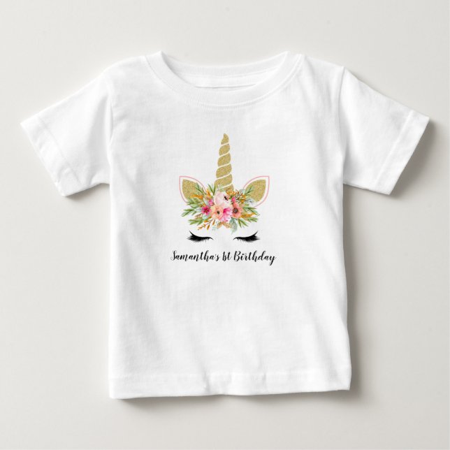 Första födelsedagskorgen Glitter Unicorn & Bouquet T Shirt (Framsida)