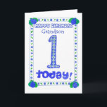 Första födelsedagskortet för en barnmorson kort<br><div class="desc">Ett födelsedagskort för en ettårig morson med en färsk blå,  grönt och vit design gjord av en handmålad papper kollage av Judy Adamson.</div>