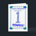 Första födelsedagskortet för en barnmorson kort<br><div class="desc">Ett födelsedagskort för en ettårig morson med en färsk blå,  grönt och vit design gjord av en handmålad papper kollage av Judy Adamson.</div>