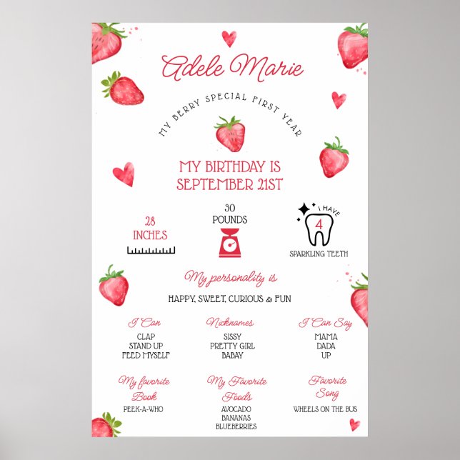 Första födelsedagsmilstolpe Jordgubbe Poster (Framsidan)