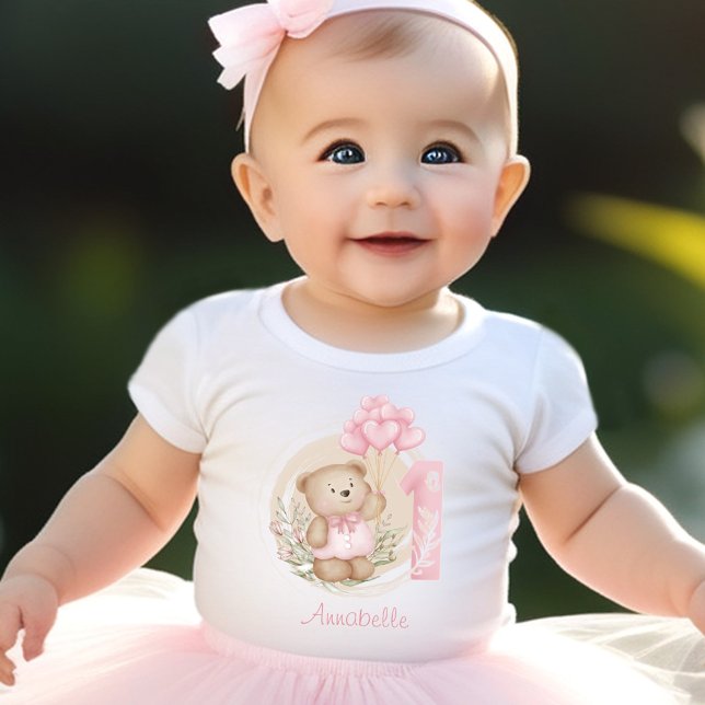 Första födelsedagspressen: Nalle och hjärtballonge T Shirt (First Birthday Cute Teddy Bear & Heart Balloons Baby T-Shirt)