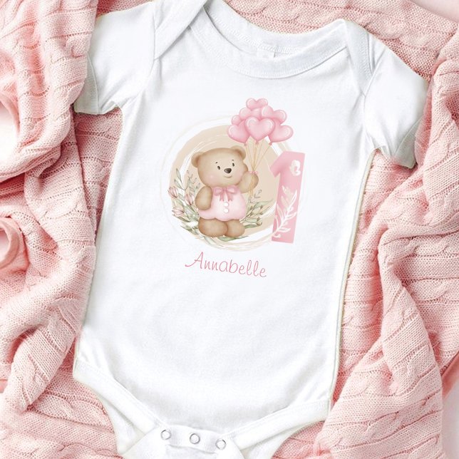 Första födelsedagspressen: Nalle och hjärtballonge T Shirt (First Birthday Cute Teddy Bear & Heart Balloons Baby Bodysuit)