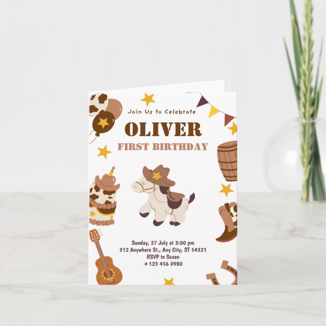 Första födelsedagsrodeo för barn 1:a vikta kortet inbjudan (Framsida)