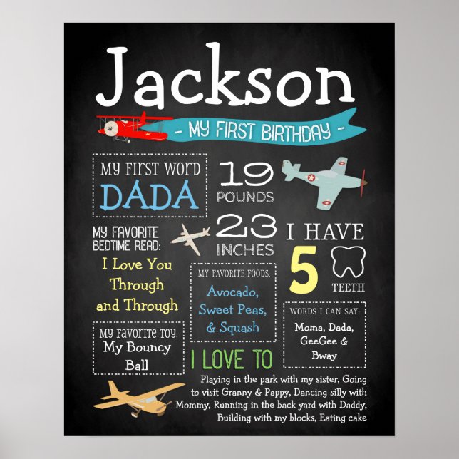 Första födelsedagsskylten: "Flygplan" 16 x 20 Poster (Framsidan)