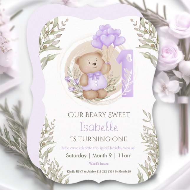 Första födelsedagstidningen Lila Bubbar för  av cu Inbjudningar (1st Birthday Girl Cute Teddy Bear Purple Balloons Invitation)