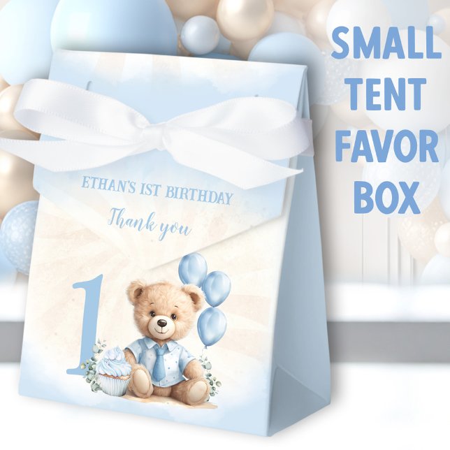 Första födelsedagstjukdomen Blue Beige Nalle Tält Presentaskar (Blue Bear Small Tent Favor Boxes - You can choose from 2 sizes of these tent favor boxes)