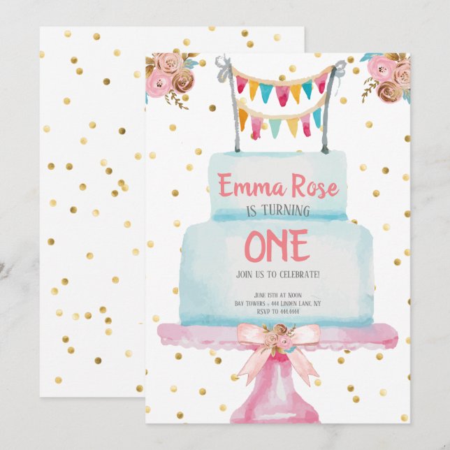 Första födelsedagvattenfärgtårta inbjudningar (Fram/baksida)