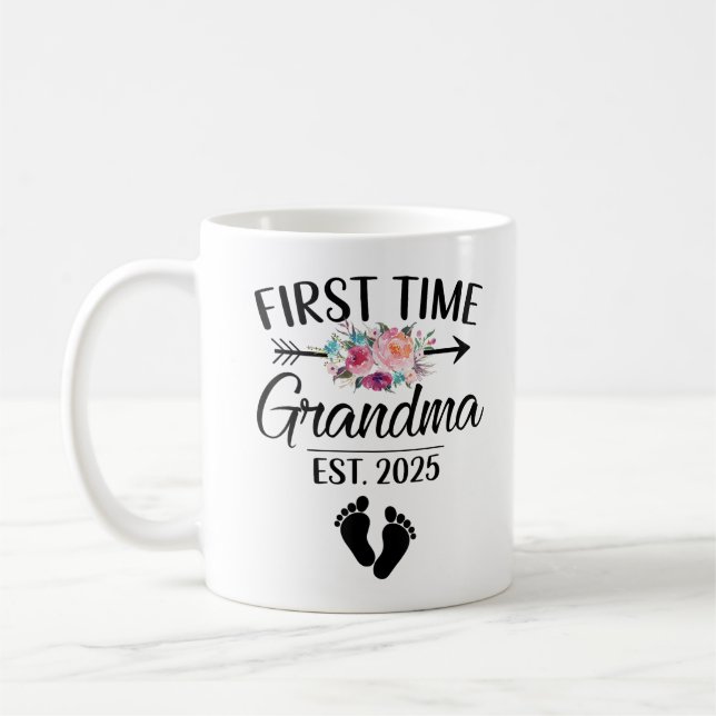 Första gången Grandma Est 2025 Flower Grandma 2025 Kaffemugg (Vänster)