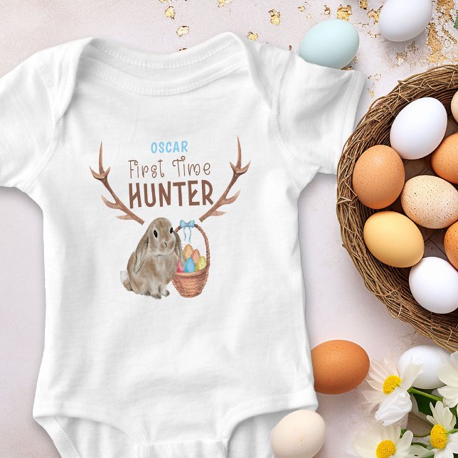 Första gången Hunter Påskhare och Egg Basket Boy T Shirt (Personalized Bodysuit for Baby's First Easter Egg Hunt)