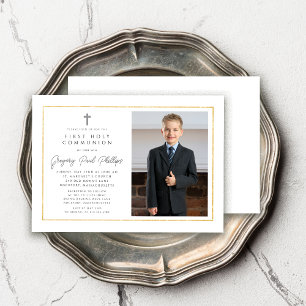 Första gemen Guld Ram minimalistisk Boy Photo Inbjudningar