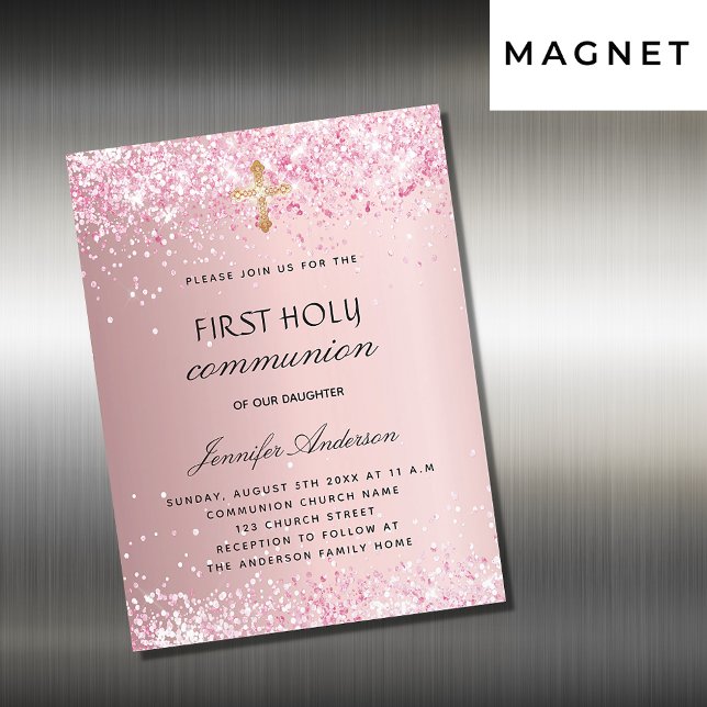 Första gemensamma  rosa glitter lyx magnetisk inbjudningskort (Skapare uppladdad)