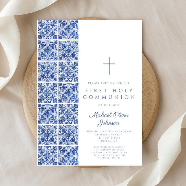 Första gemenskapen för Blue Tiles Boy i Medelhavet Inbjudningar (Mediterranean Blue Tiles Boy First Communion Invitation)