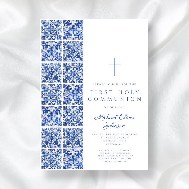 Första gemenskapen för Blue Tiles Boy i Medelhavet Inbjudningar (Mediterranean Blue Tiles Boy First Communion Invitation)