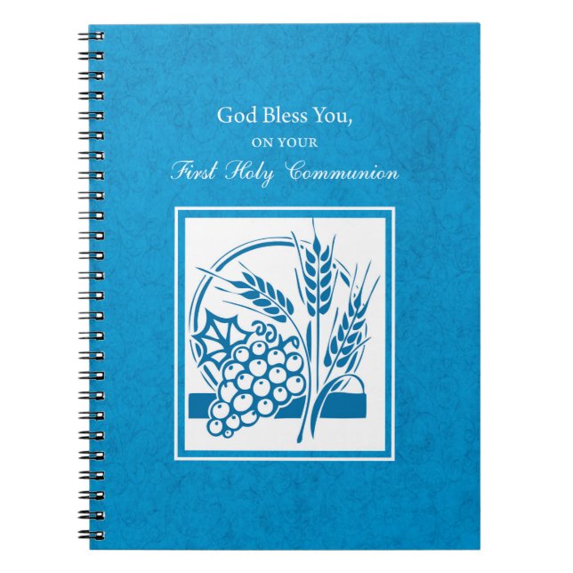 Första gemenskapen, vete, druvor, blå anteckningsbok med spiral (Framsidan)