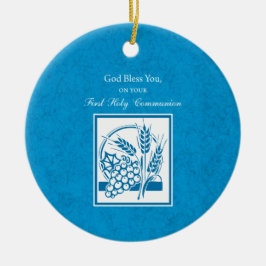 Första gemenskapen, vete, druvor, blå julgransprydnad keramik