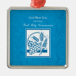 Första gemenskapen, vete, druvor, blå julgransprydnad metall