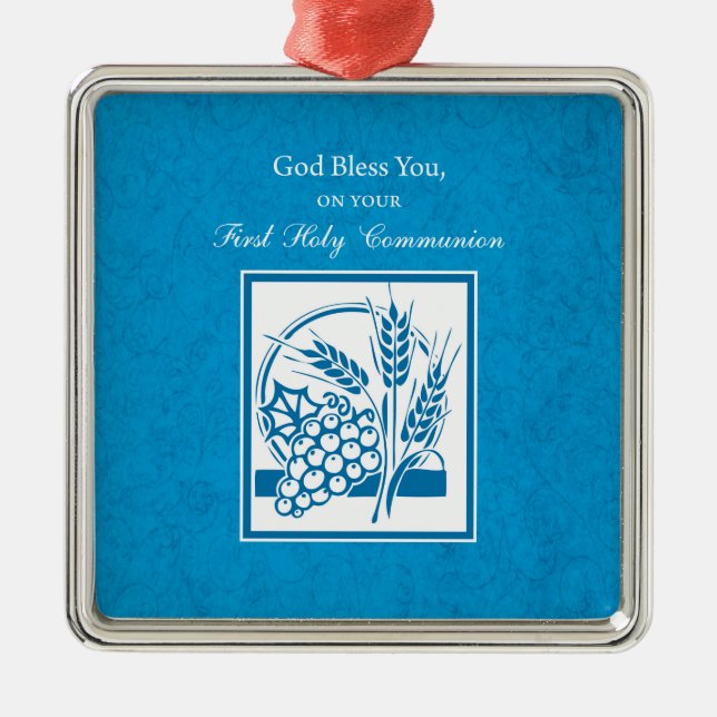 Första gemenskapen, vete, druvor, blå julgransprydnad metall (Framsidan)