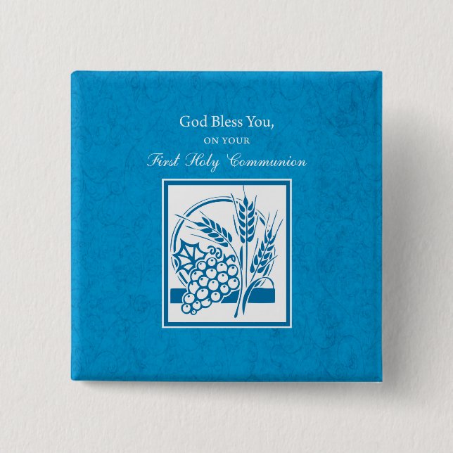 Första gemenskapen, vete, druvor, blå knapp (Framsida)