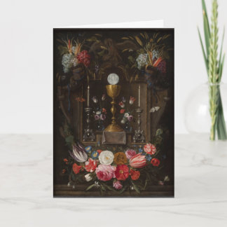Första gemenskapskortet Eucharist med blommor Kort