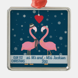 Första gifta christmas flamingoes julgransprydnad metall