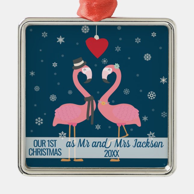 Första gifta christmas flamingoes julgransprydnad metall (Framsidan)