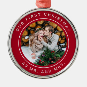 Första gifta jul röd   och vit med fotoet julgransprydnad metall