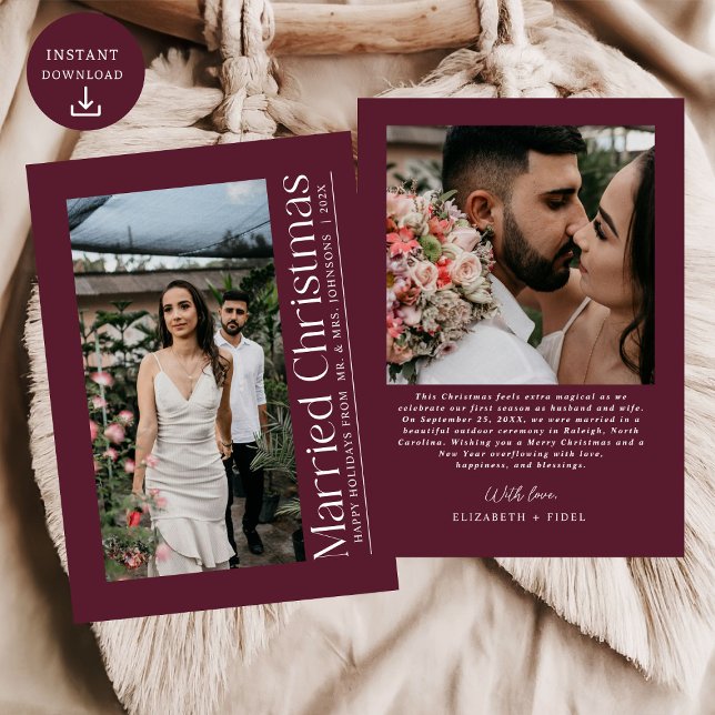 Första gifta julfoto Newlyweds Burgundy Julkort (Skapare uppladdad)