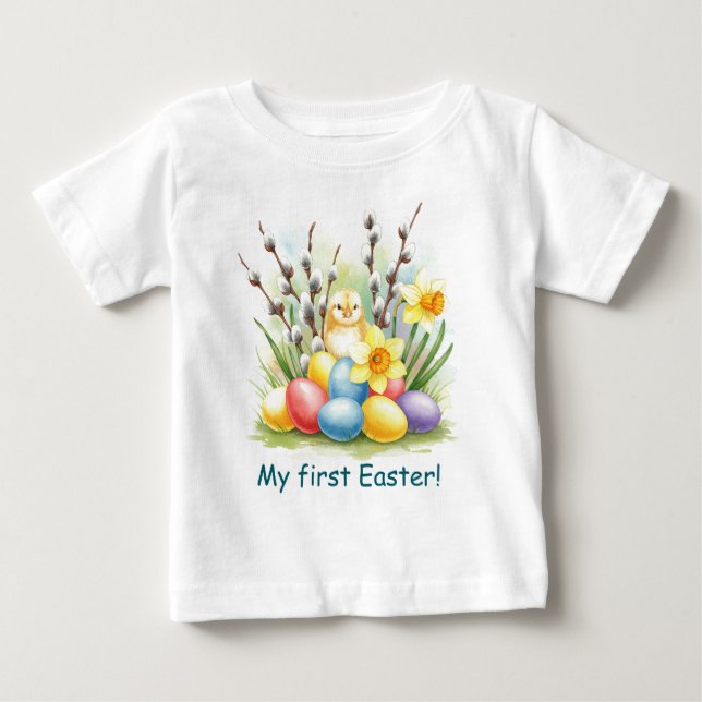 Första Glad påsk Chick Eggs Flowers T-Shirt (Framsida)