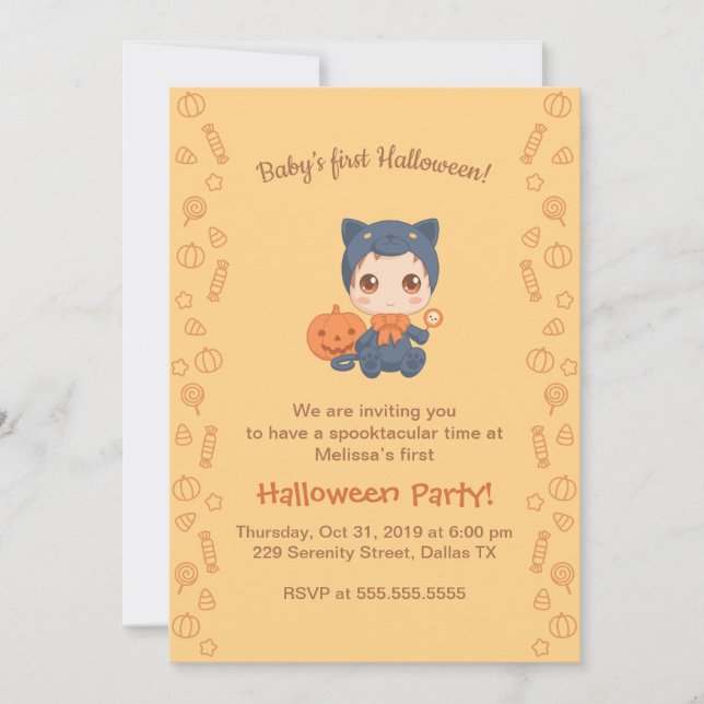 Första Halloween Baby Cute Black Cat Party Inbjudningar (Framsida)