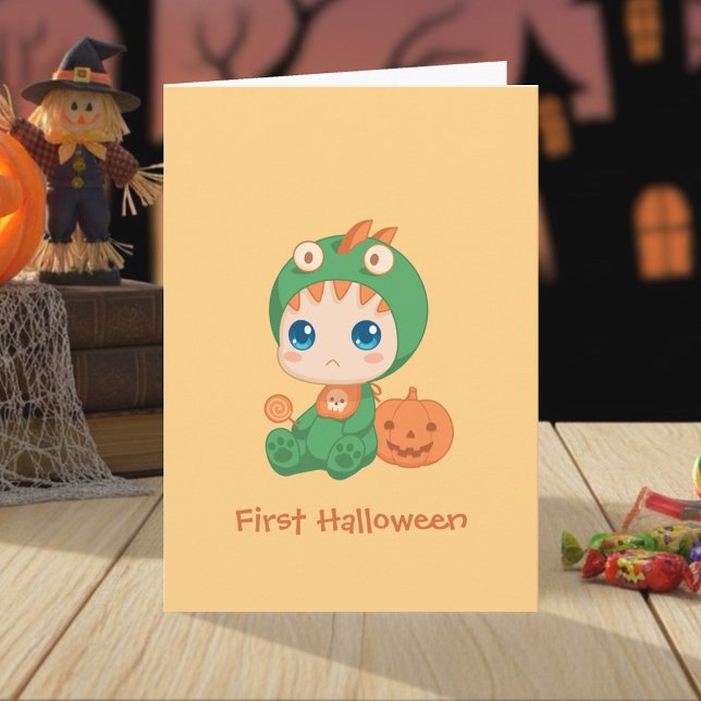 Första Halloween Cute Baby-draken Dinosauriestostu Kort (Skapare uppladdad)