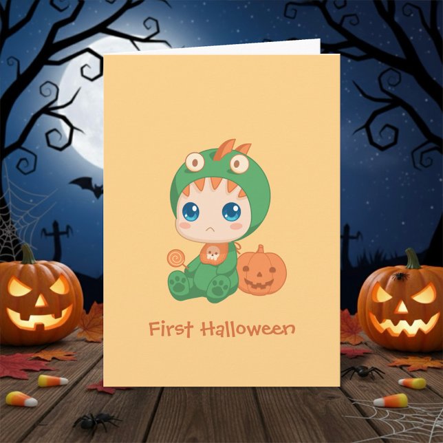 Första Halloween Cute Baby-draken Dinosauriestostu Kort (Skapare uppladdad)
